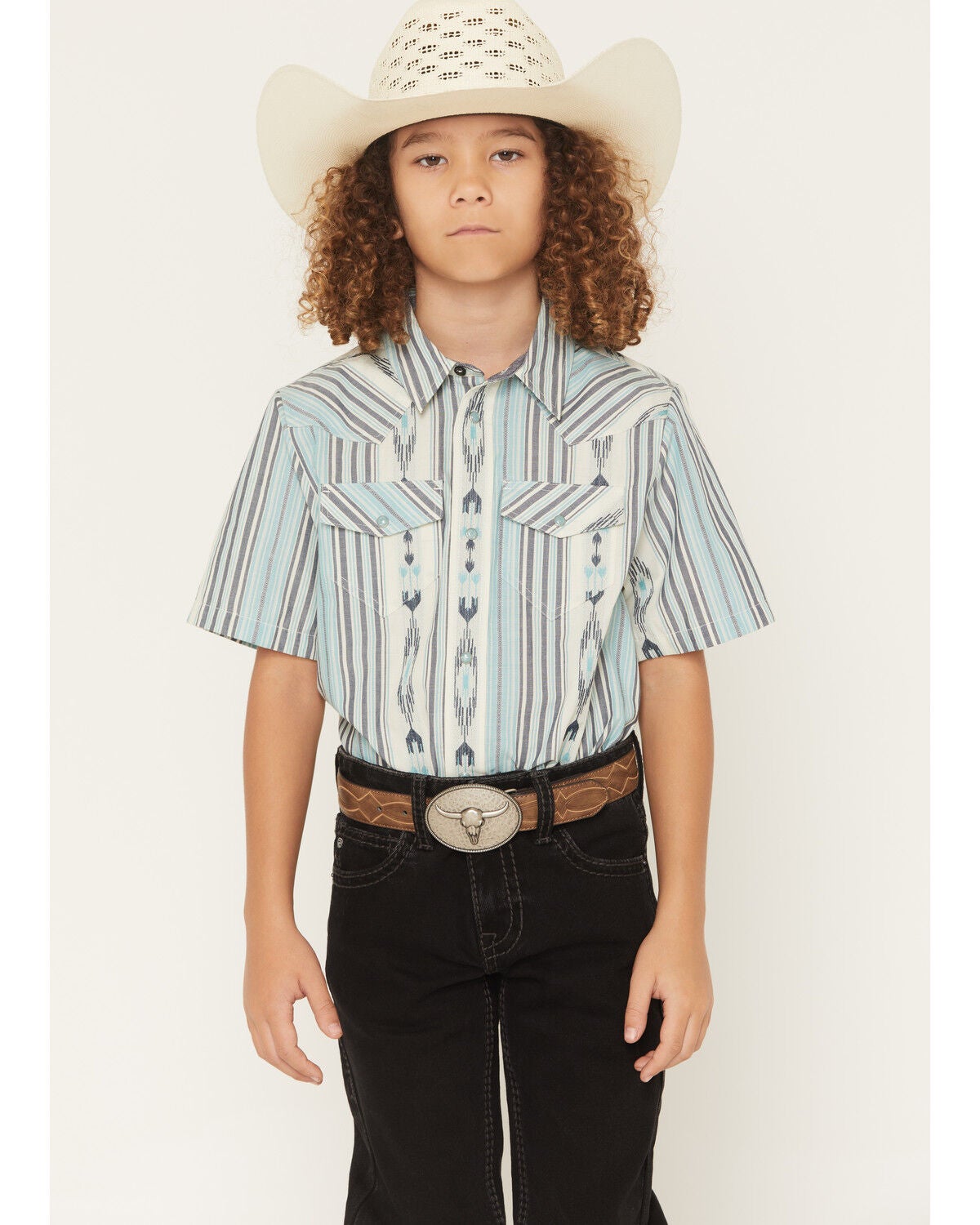 Image #1 - Cody James Boys' Heath Southwestern Striped Short Sleeve Snap Western Shirt, Blue, hi-res