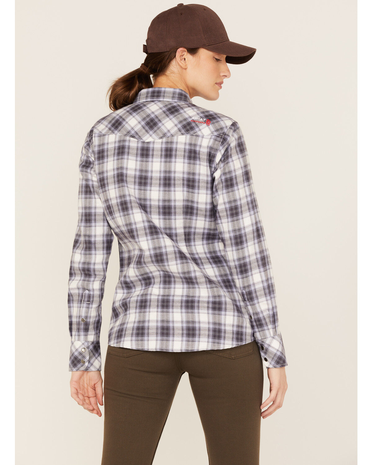 Image #4 - Ariat Women's FR Whitney Plaid Print Long Sleeve Pearl Snap Work Shirt, Lavender, hi-res