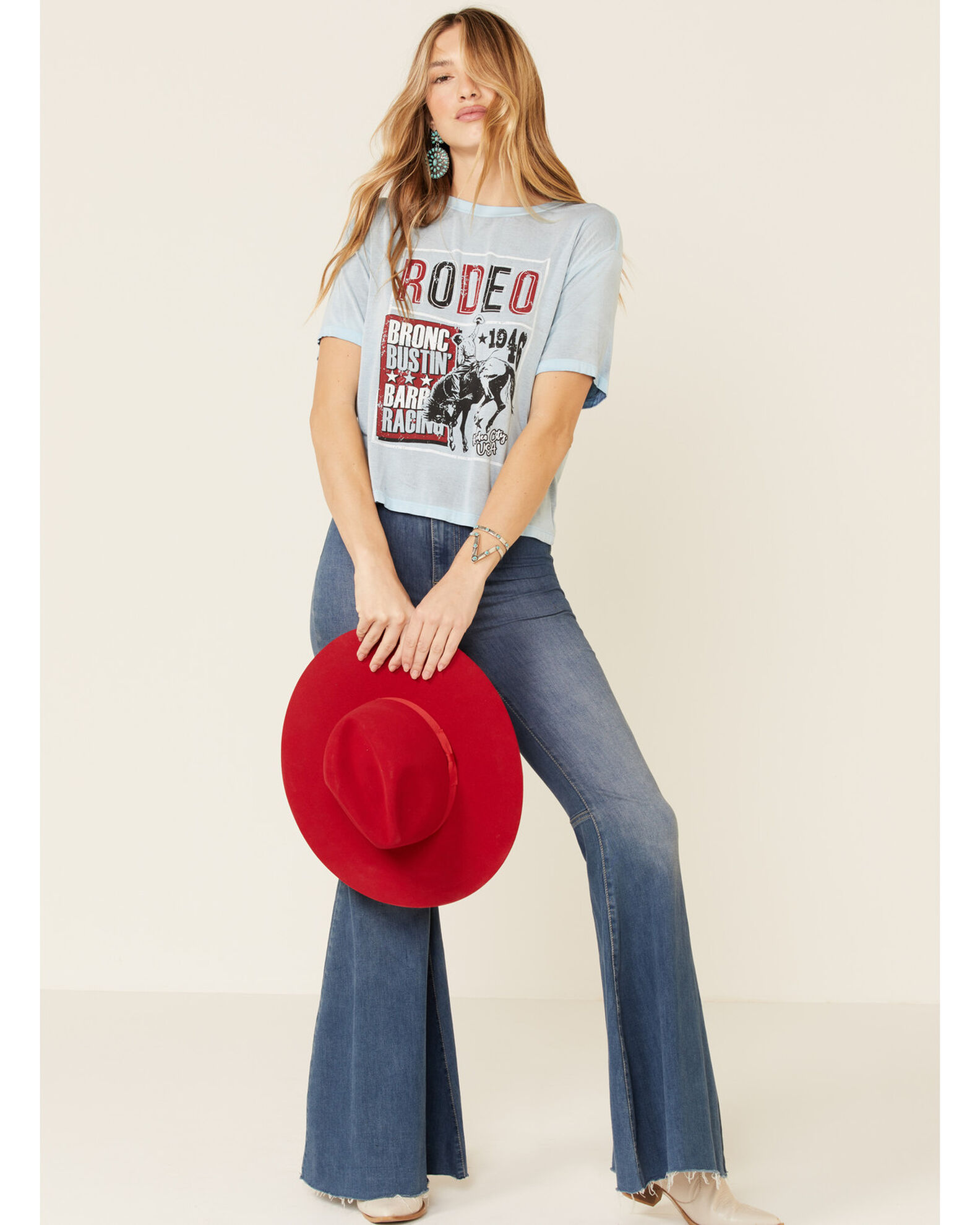 Image #1 - Rock & Roll Denim Women's Rodeo Bronco Bustin' Tee, Blue, hi-res