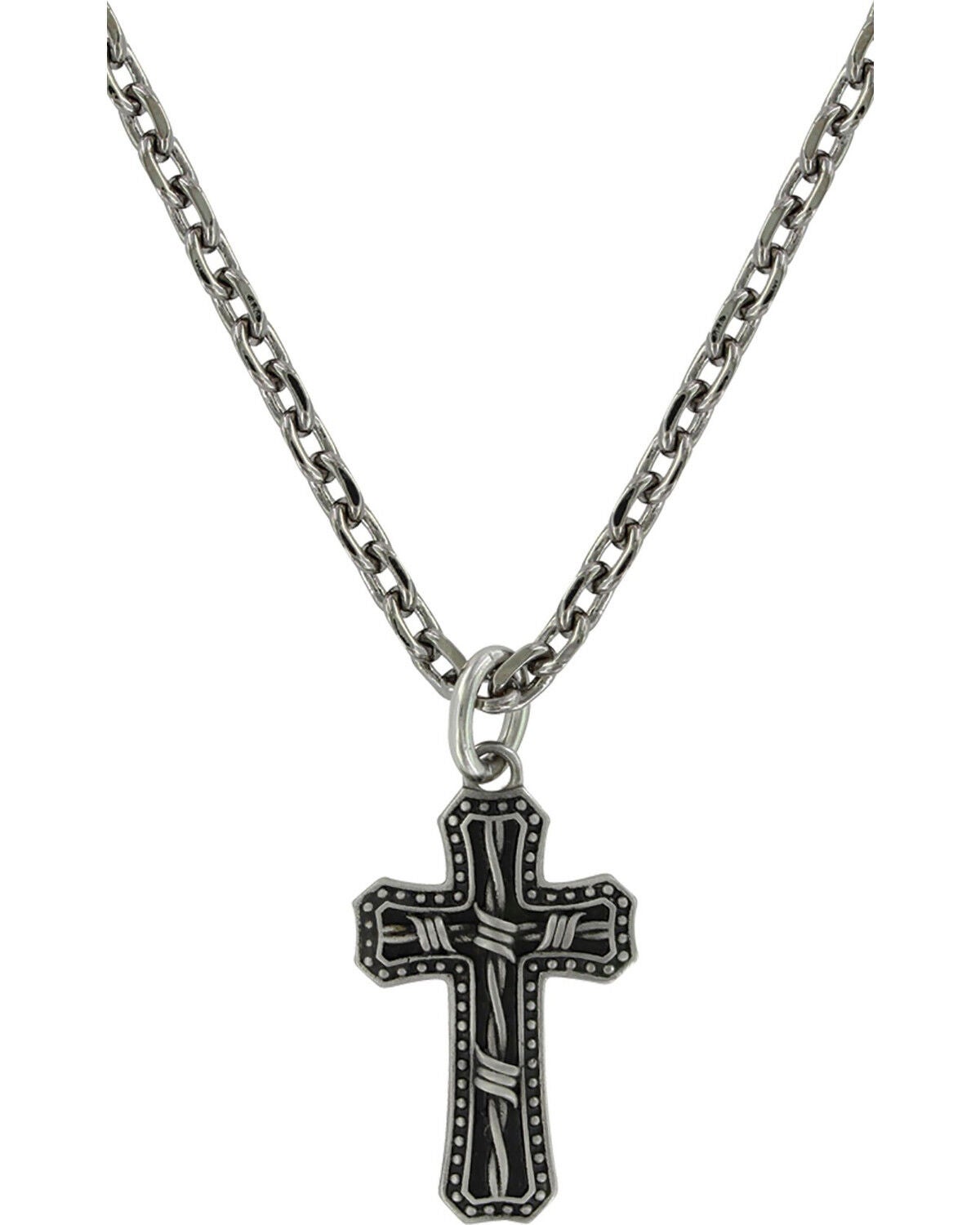 Montana Silversmiths Men's Barbed Wire Cross Necklace, Silver, hi-res