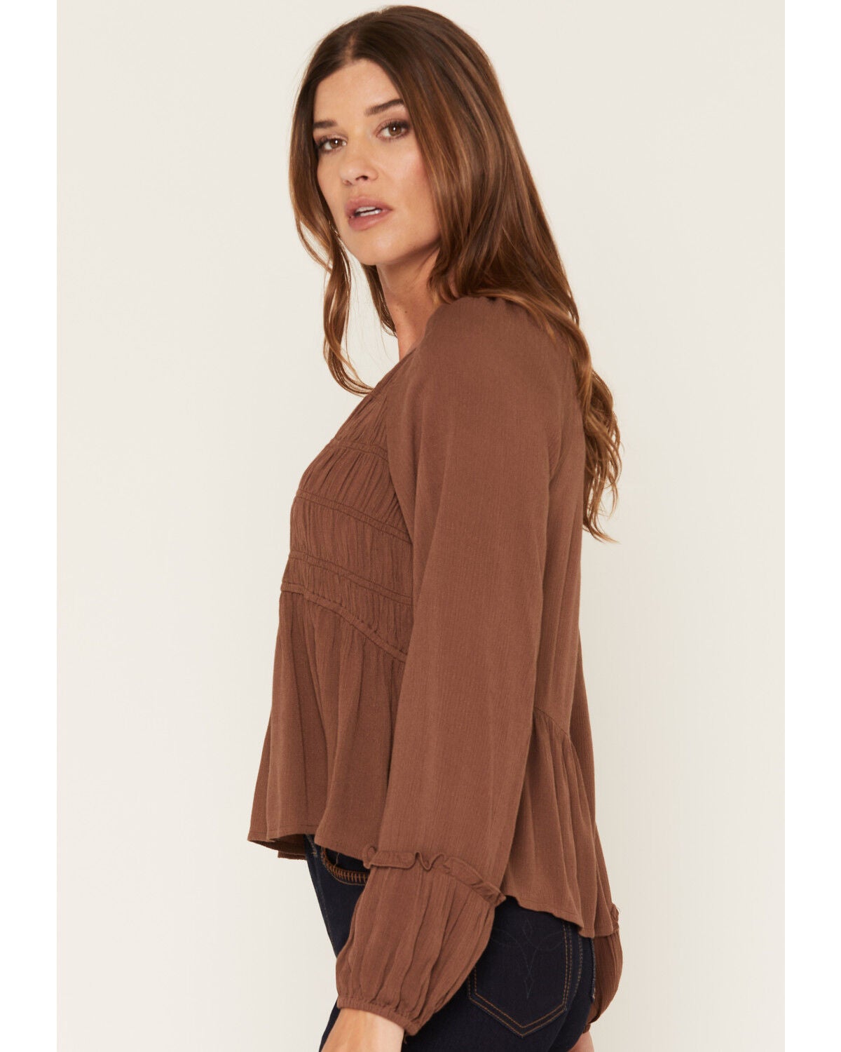 Image #2 - Lovestitch Women's Rouched Front Long Sleeve Top, Brown, hi-res