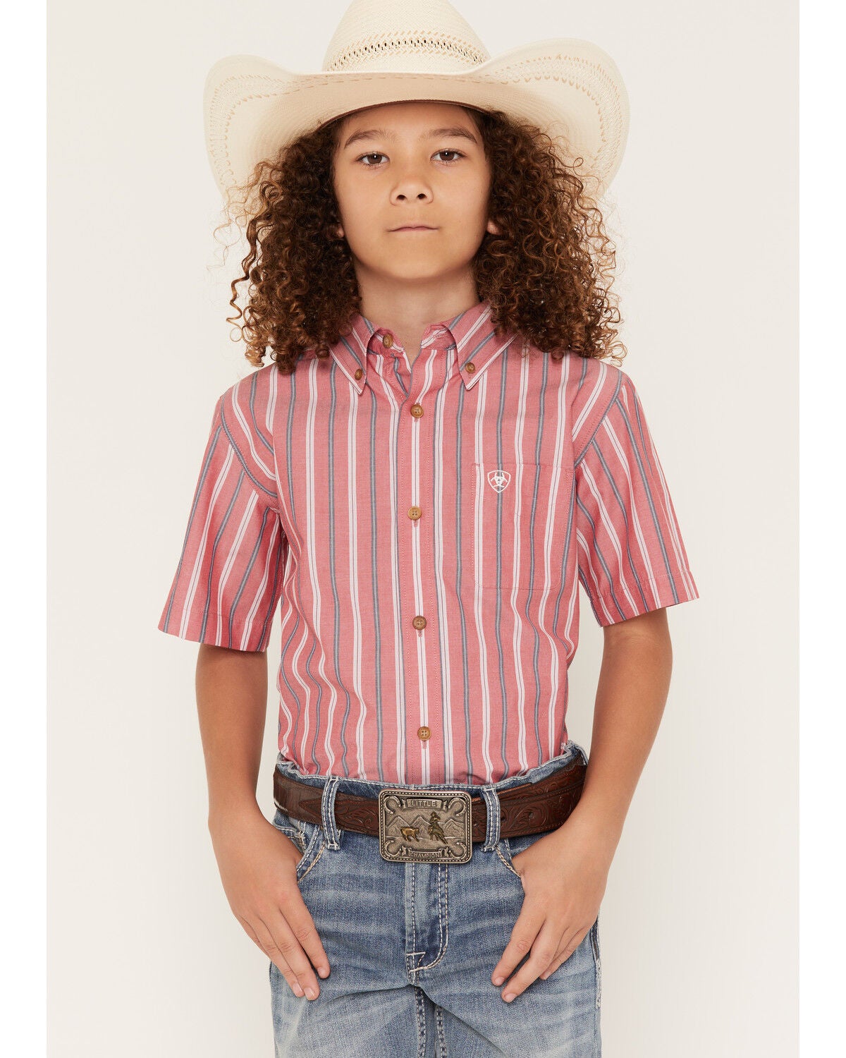 Ariat Boys' Striped Short Sleeve Button-Down Western Shirt, Red, hi-res