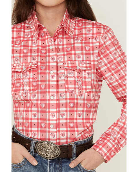 Image #3 - Panhandle Girls' Heart Plaid Print Long Sleeve Pearl Snap Western Shirt, Pink, hi-res