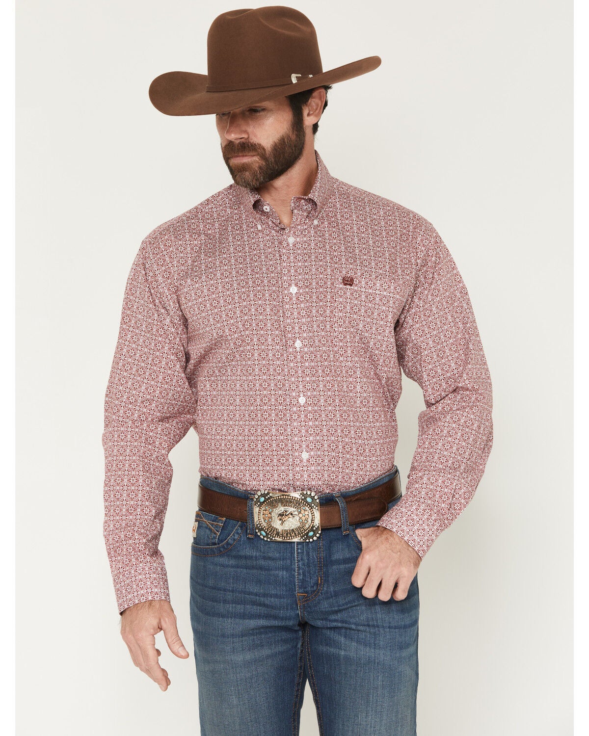 Cinch Men's Medallion Print Long Sleeve Button-Down Western Shirt, Red, hi-res