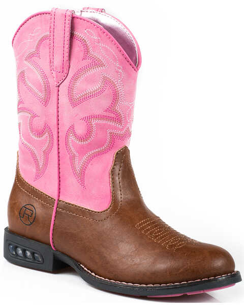 Roper Youth Girls' Pink Light-Up Western Boots - Round Toe  , Tan, hi-res