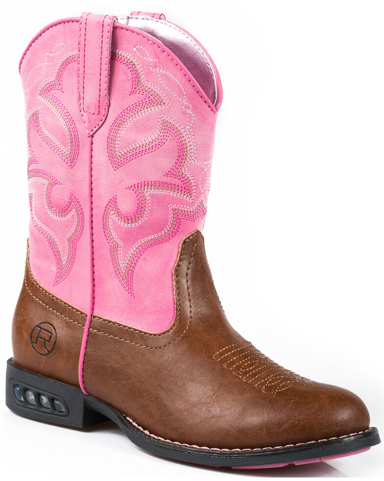 Roper Youth Girls' Pink Light-Up Cowgirl Boots - Round Toe  , Tan, hi-res