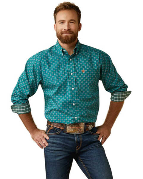 Ariat Men's Wrinkle Free Fuller Mosaic Print Classic Fit Long Sleeve Button-Down Western Shirt, Dark Green, hi-res