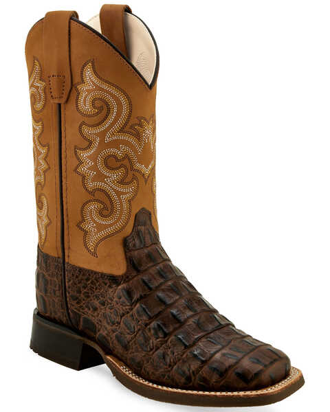 Old West Boys' Faux Gator Western Boots - Wide Square Toe, Brown, hi-res