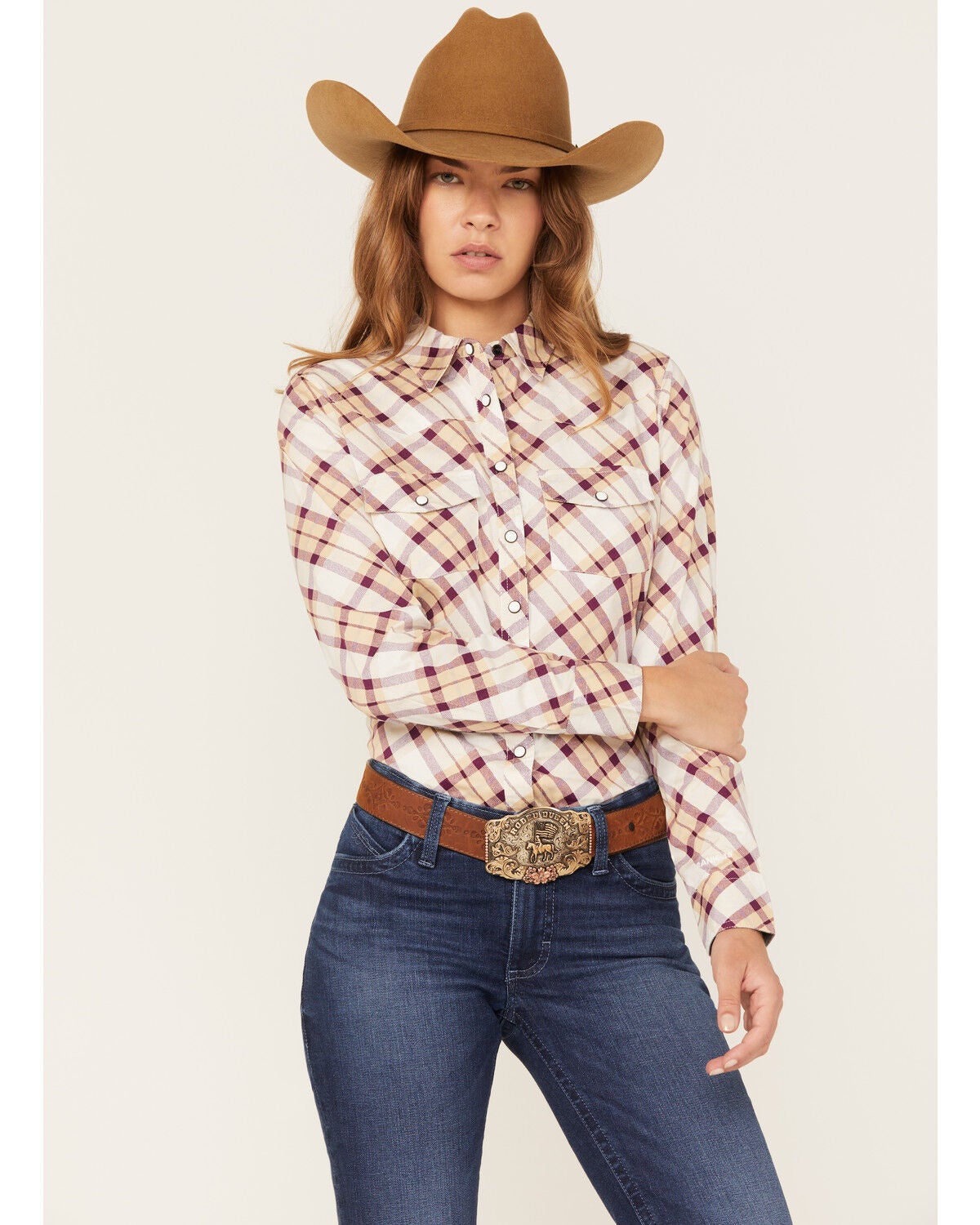 RANK 45&reg; Women's Long Sleeve Heritage Riding Shirt, Lt Brown, hi-res