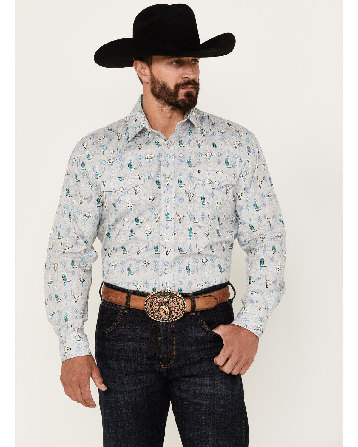 Image #1 - Rough Stock by Panhandle Men's Novelty Print Long Sleeve Snap Western Shirt, Grey, hi-res