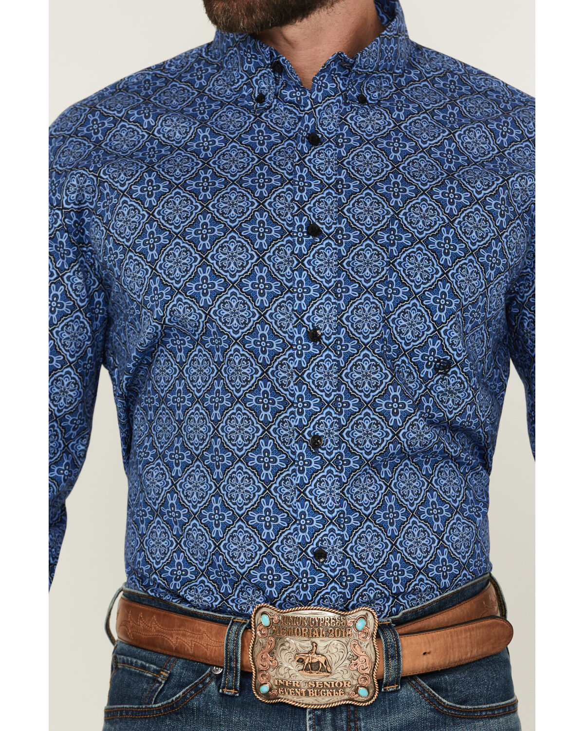 Image #3 - Roper Men's Amarillo Medallion Print Long Sleeve Button-Down Western Shirt, Blue, hi-res