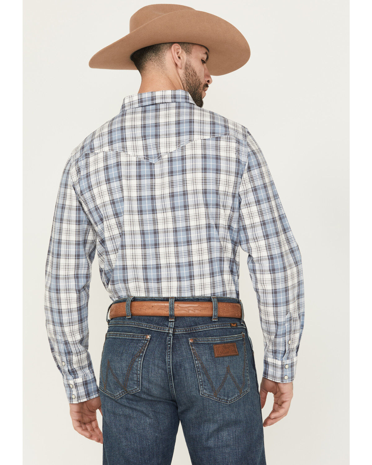 Image #4 - Blue Ranchwear Men's Meadow Plaid Print Long Sleeve Snap Western Shirt, Light Blue, hi-res