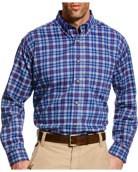 Image #1 - Ariat Men's Collins FR Plaid Print Long Sleeve Button Work Shirt - Big & Tall, Blue, hi-res