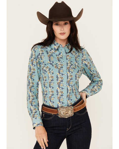 Image #1 - Ariat Women's Annette Floral Print Long Sleeve Snap Western Shirt, Teal, hi-res