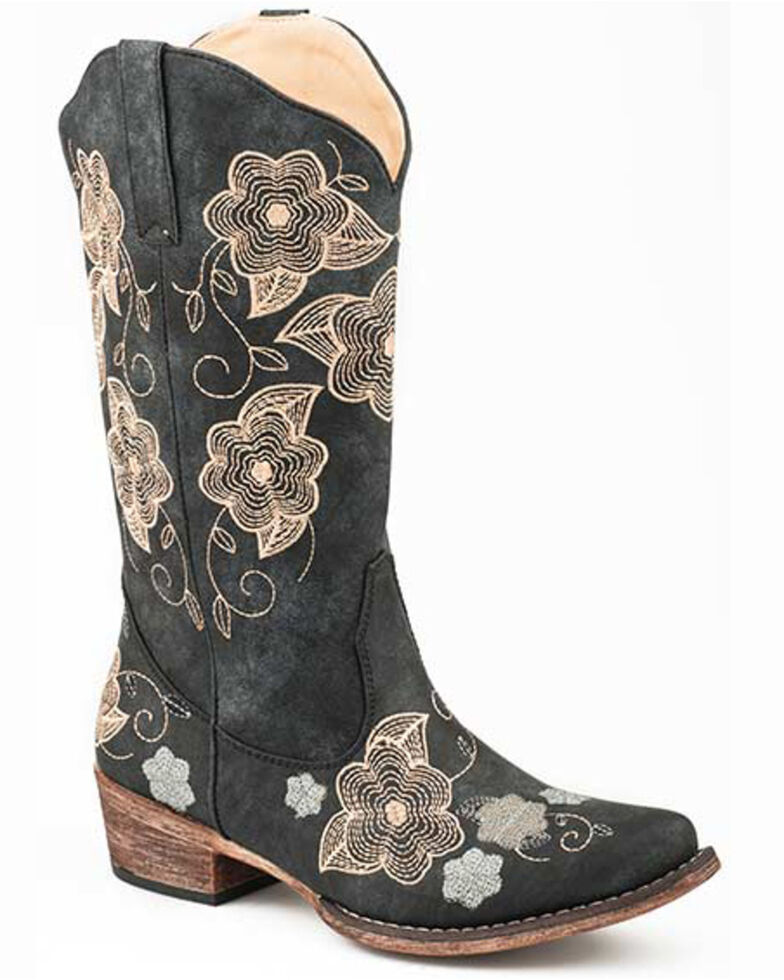 Roper Women's Riley Flowers Western Boots - Snip Toe, Black, hi-res