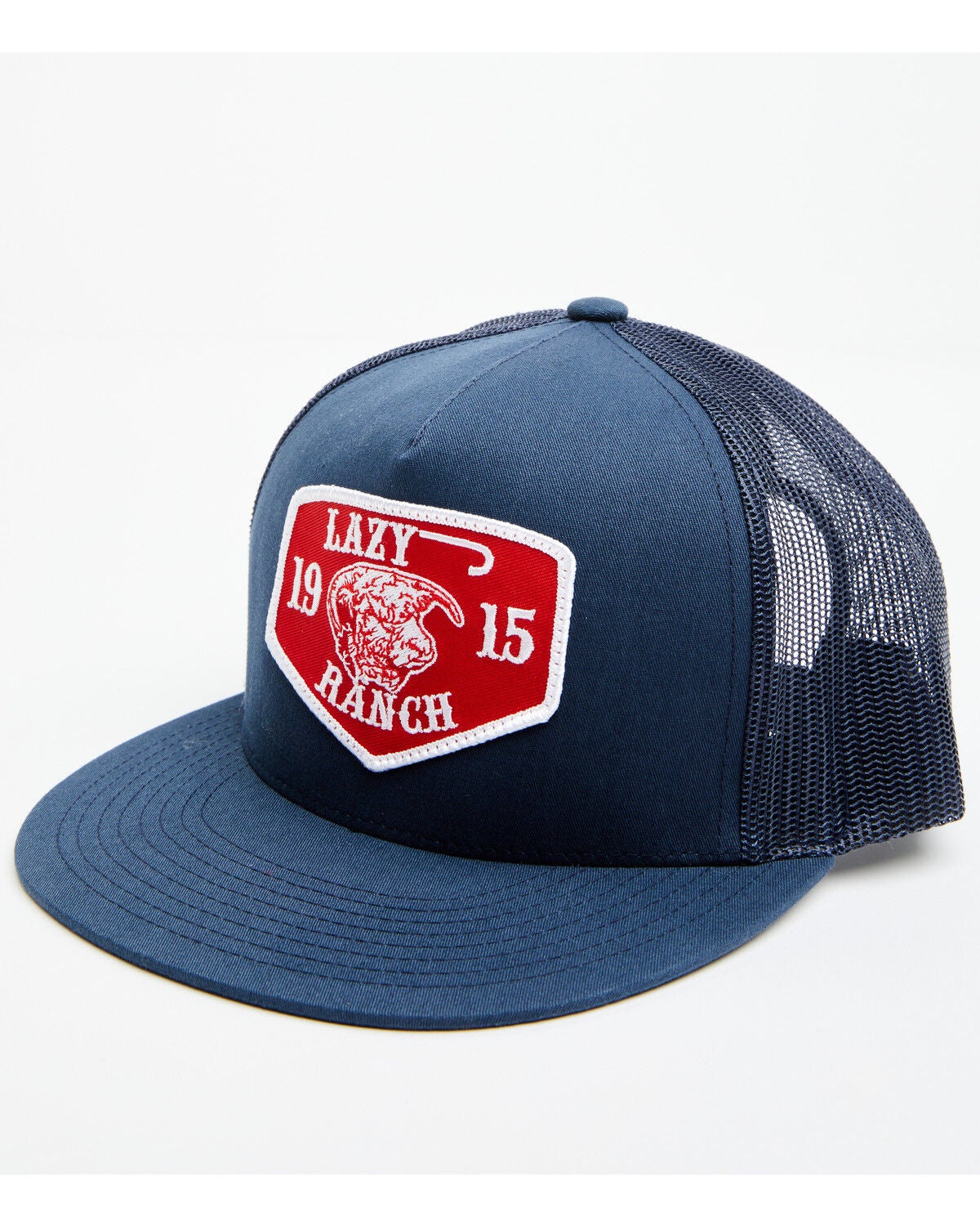 Lazy J Ranchwear Men's Navy Red Ranch Logo Patch Mesh Back Ball Cap, Navy, hi-res