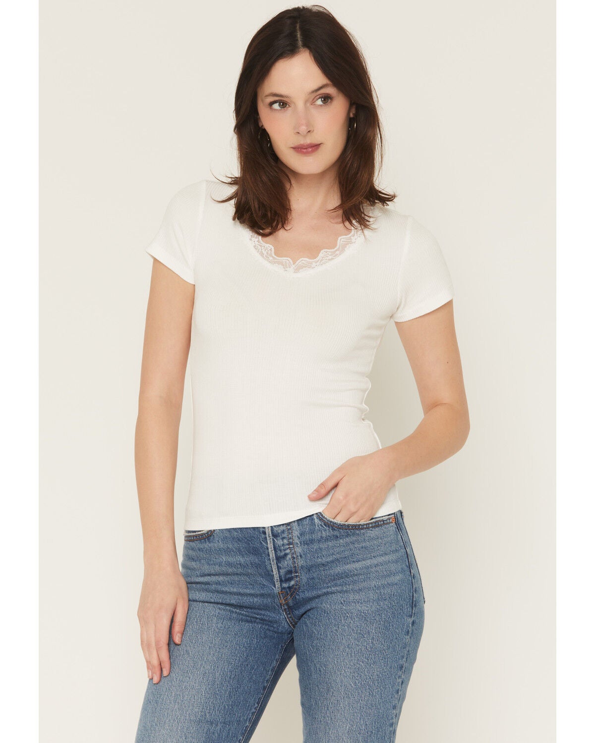 Blue Life Women's Lana Basic Lace V Neck Shirt, White, hi-res