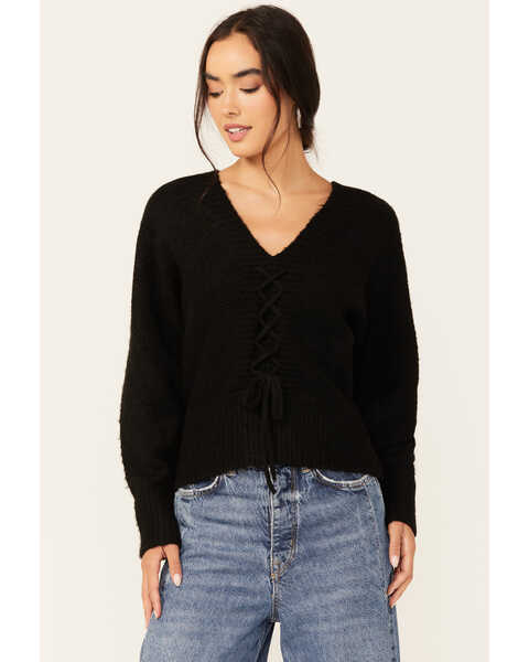 Lili Sidonio Women's Long Sleeve Mock Lace-Up Sweater , Black, hi-res