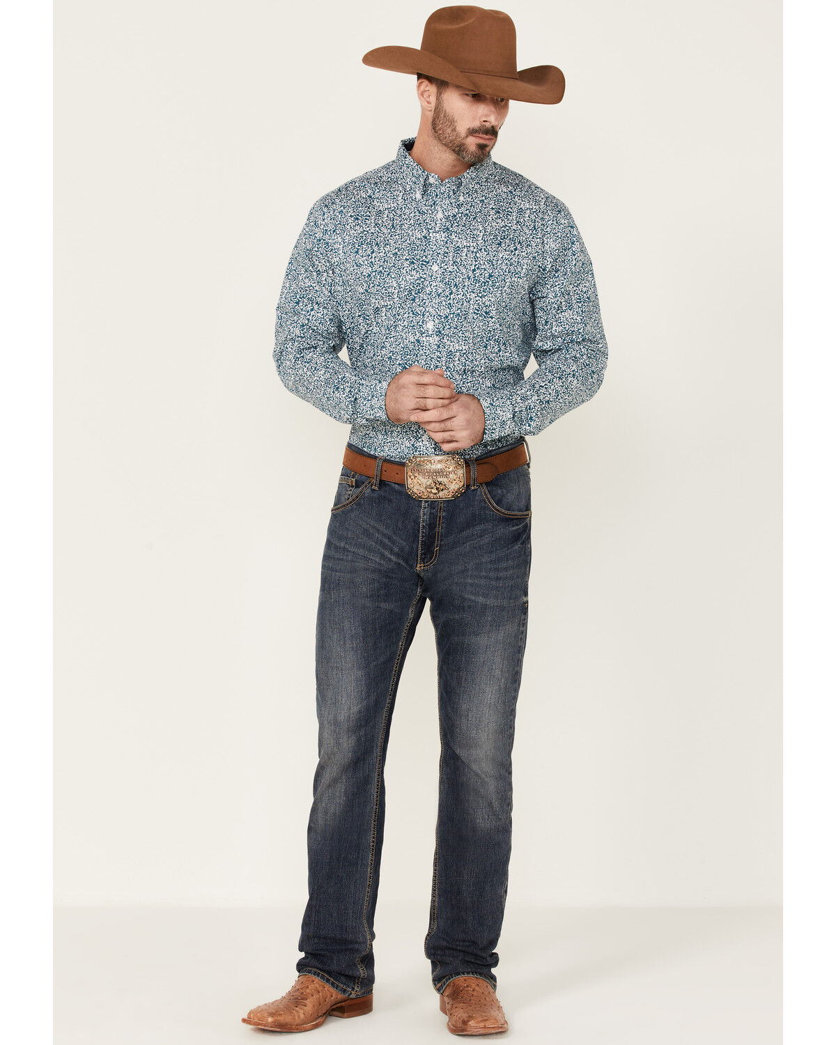 Image #2 - Cody James Core Men's Workforce Floral Print Long Sleeve Button-Down Western Shirt, Blue/white, hi-res