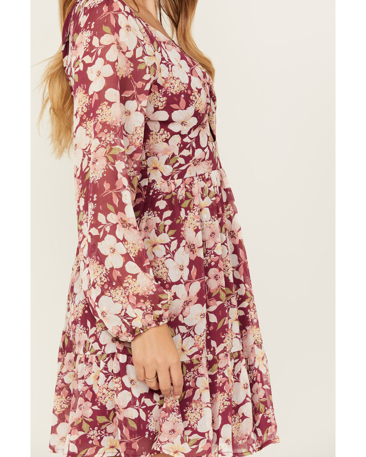 Image #3 - En Creme Women's Floral Cutout Long Sleeve Mini Dress, Pink, hi-res
