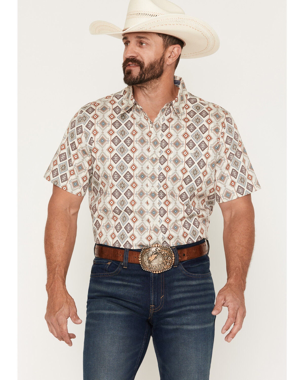 Image #1 - RANK 45&reg; Men's Amarillo Geo Print Short Sleeve Button-Down Stretch Western Shirt, Cream, hi-res