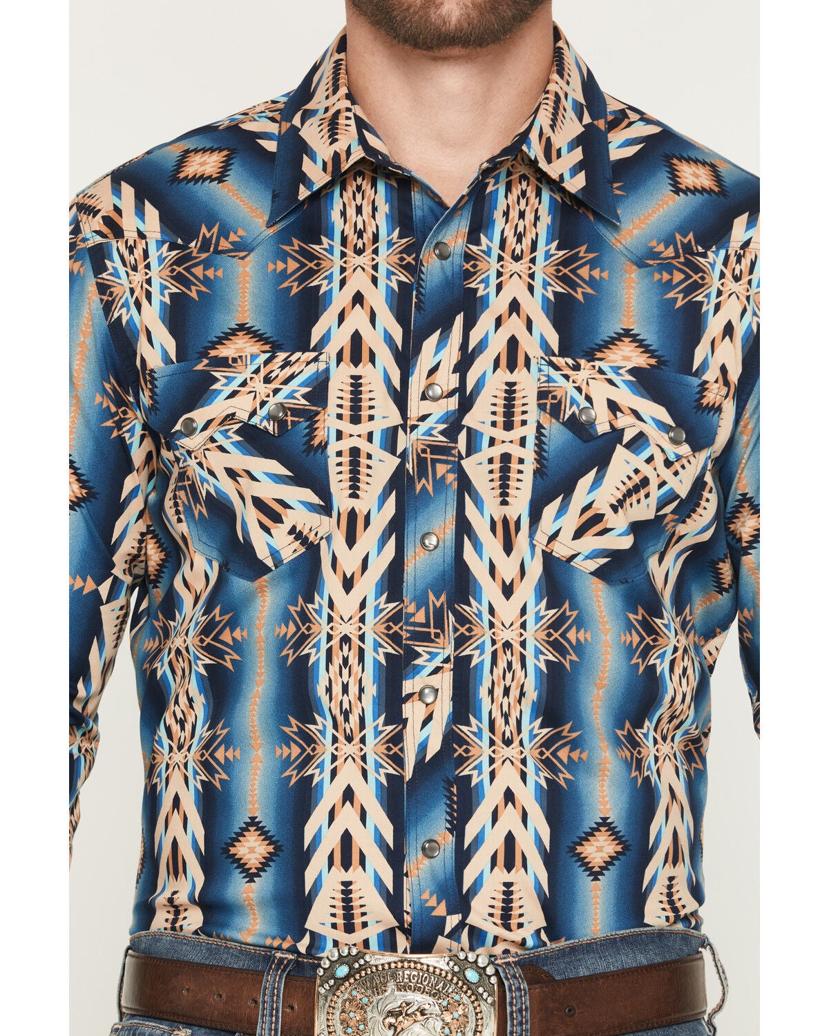 Image #3 - Rock & Roll Denim Men's Southwestern Print Long Sleeve Snap Stretch Western Shirt, Blue, hi-res