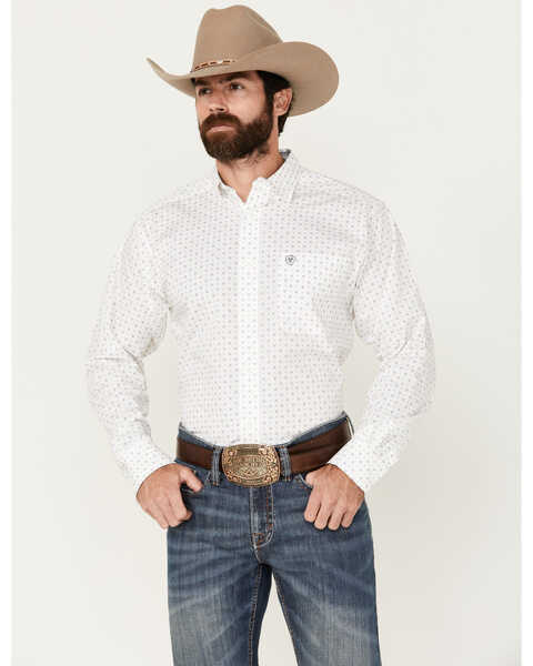Ariat Men's Wrinkle Free Ogden Geo Print Long Sleeve Button-Down Western Shirt - Tall , White, hi-res
