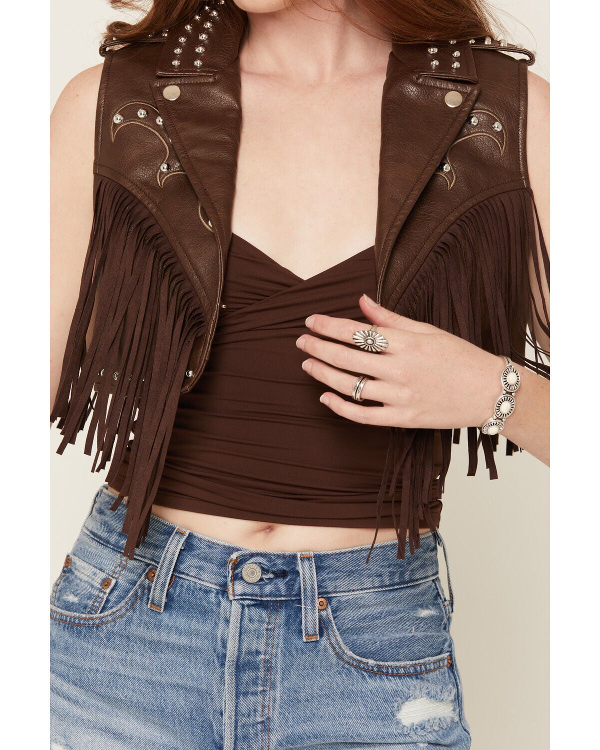 Image #3 - Azalea Wang Women's Reeceann Faux Leather Studded Fringe Cropped Vest, Brown, hi-res