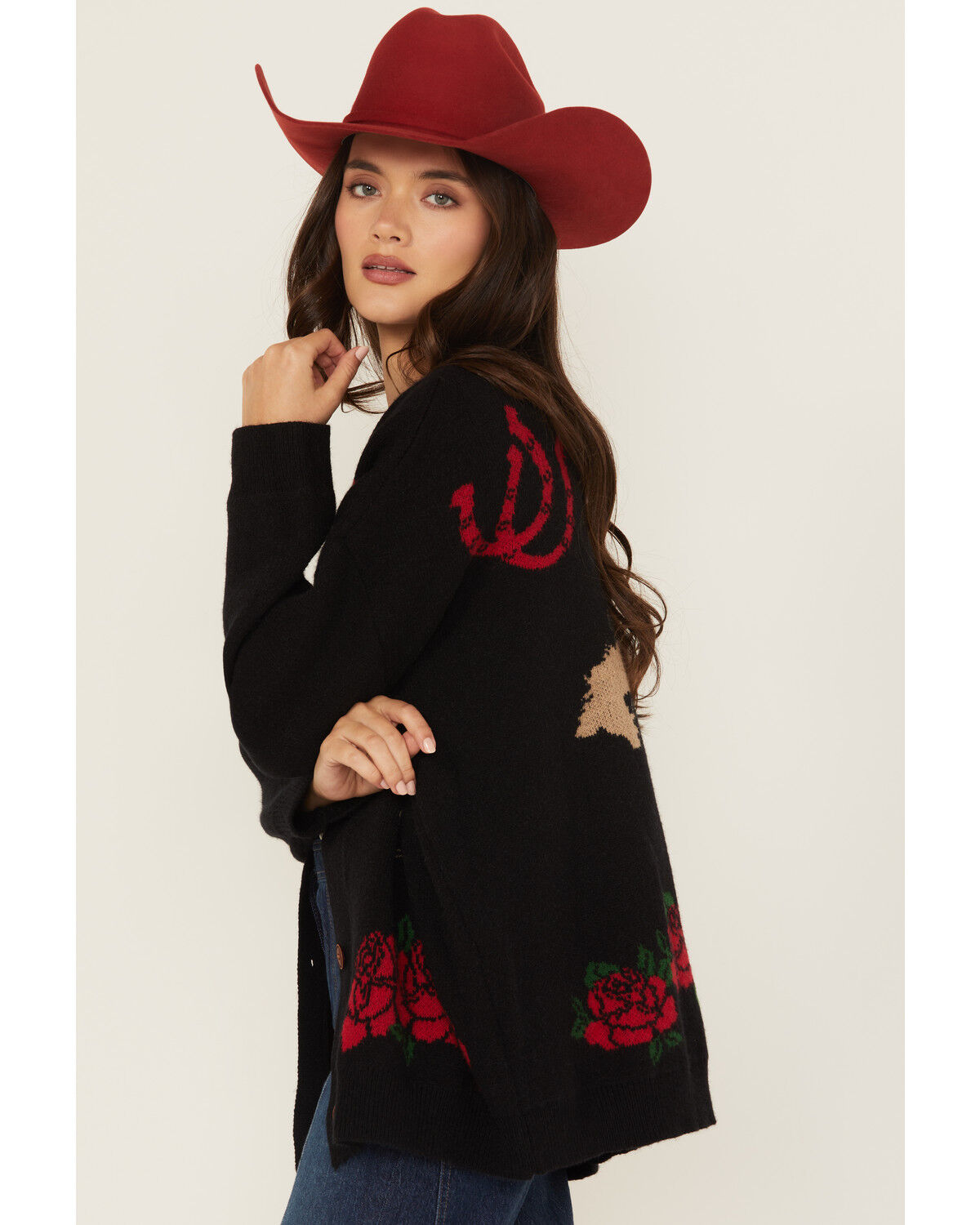 Image #2 - Rodeo Quincy Women's Horse Rose Cardigan, Black, hi-res