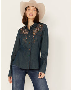 Scully Women's Rose Embroidered Denim Long Sleeve Western Shirt, Blue, hi-res