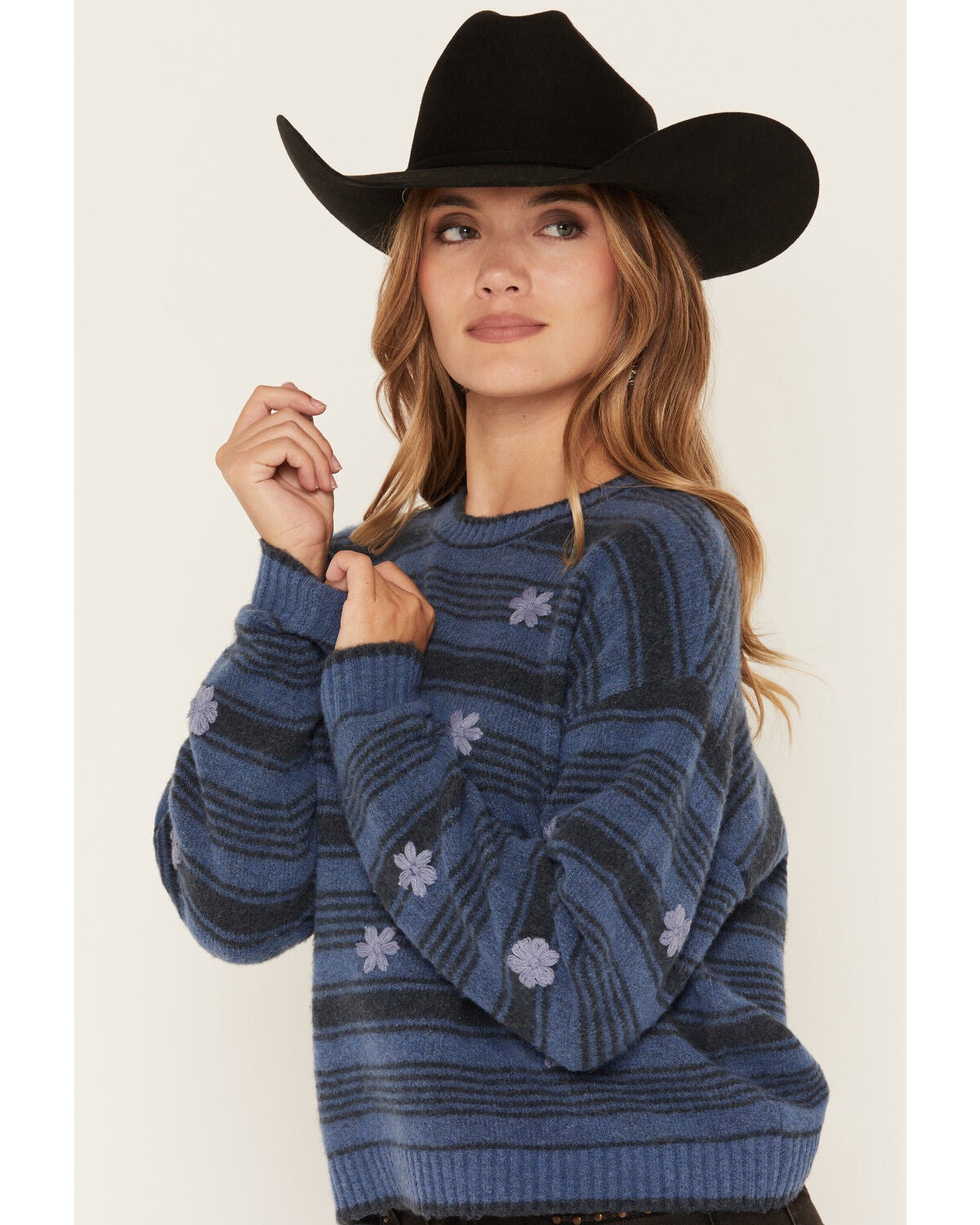 Image #2 - Saltwater Luxe Women's Floral Embroidered Striped Print Sweater, Blue, hi-res