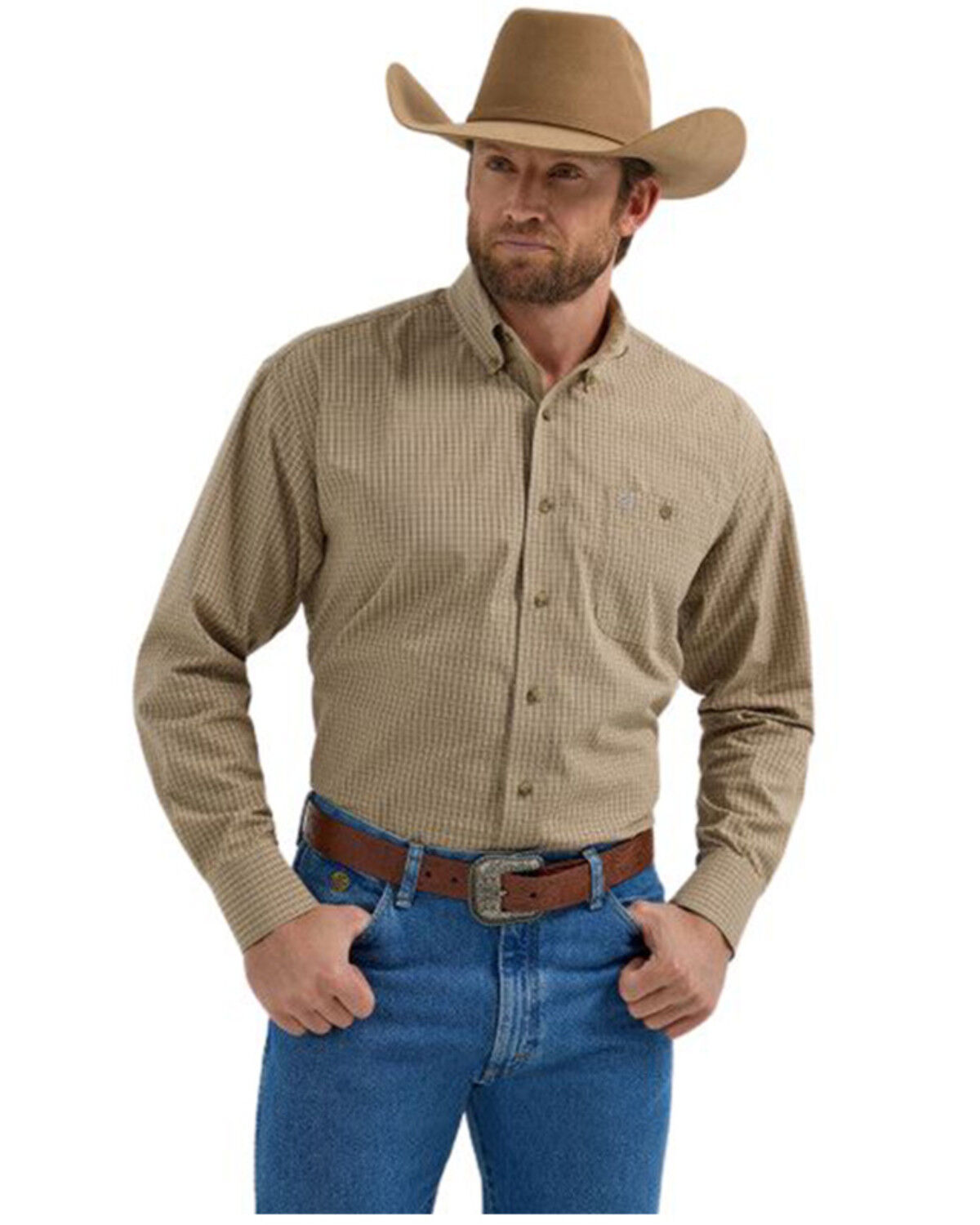 Image #1 - George Strait by Wrangler Men's Plaid Print Long Sleeve Button-Down Stretch Western Shirt, Tan, hi-res