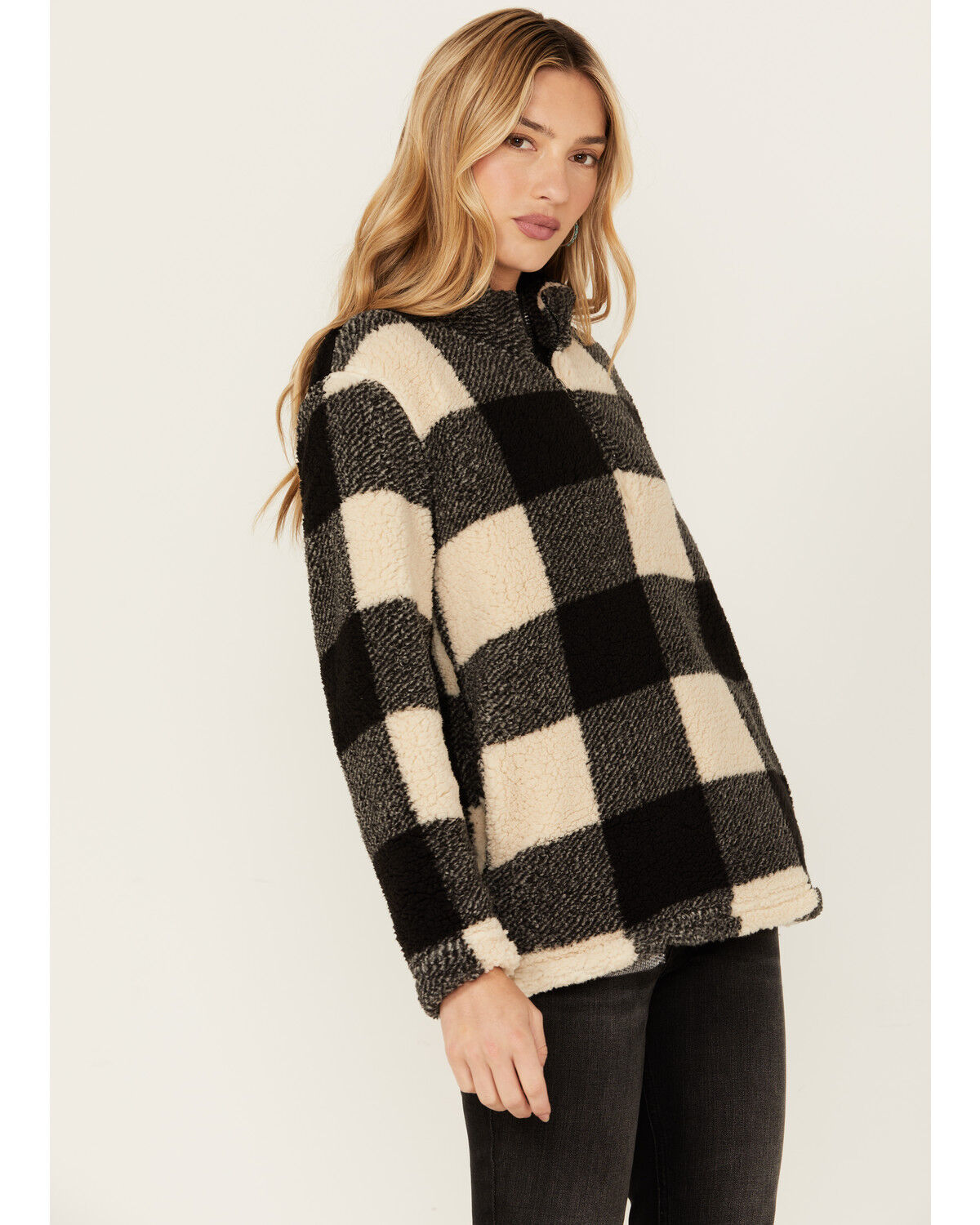 Image #1 - Stillwater Supply Women's Plaid Print Fleece Quarter Zip Pullover, Black/white, hi-res