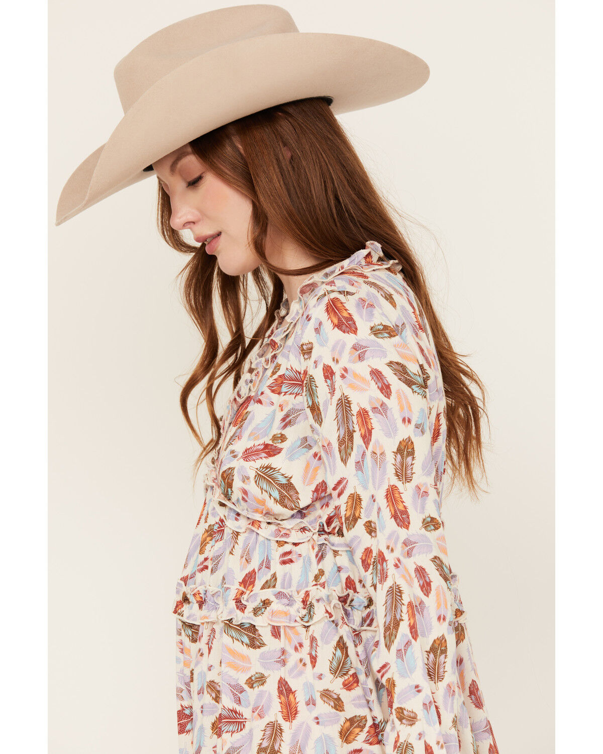 Image #2 - Roper Women's Feather Print Long Sleeve Mini Dress, Cream, hi-res