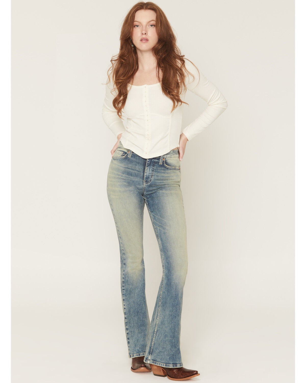 Image #1 - Shyanne Women's Kelly Wash High Rise Luna Flare Stretch Denim Jeans, Light Medium Wash, hi-res