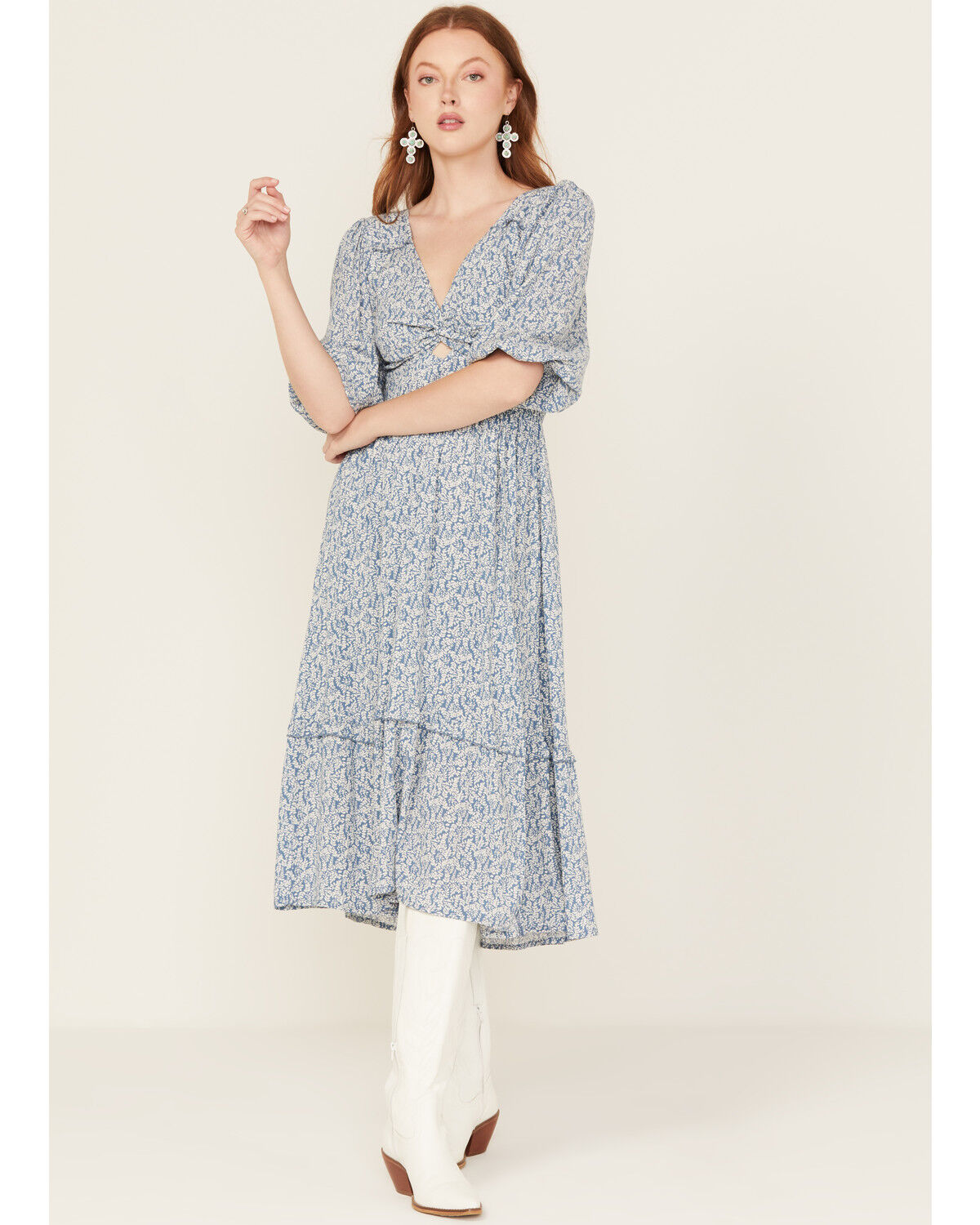 Image #1 - Wild Moss Women's Printed Front Twist Midi Dress, Blue, hi-res