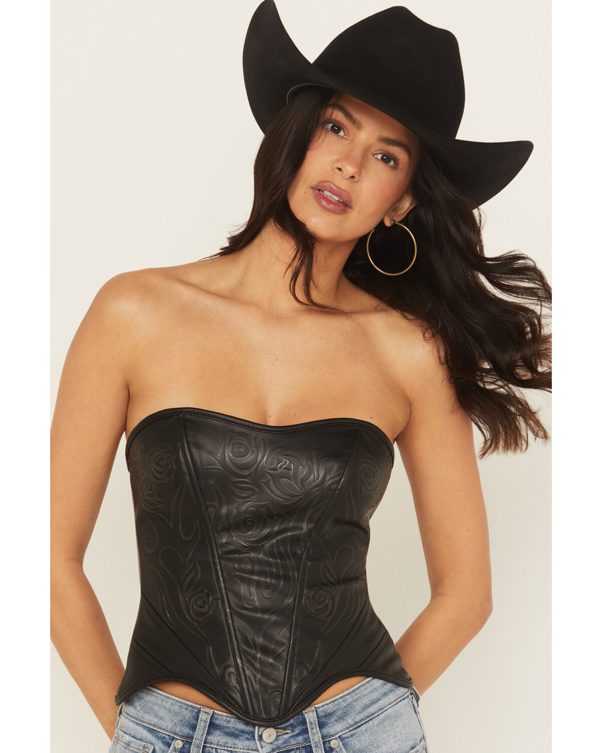 Image #2 - Fornia Women's Rose Embossed Faux Leather Bustier, Black, hi-res