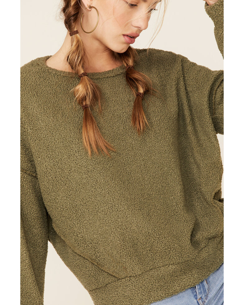 Peach Love Women's Olive Textured Pullover Sweatshirt , Olive, hi-res