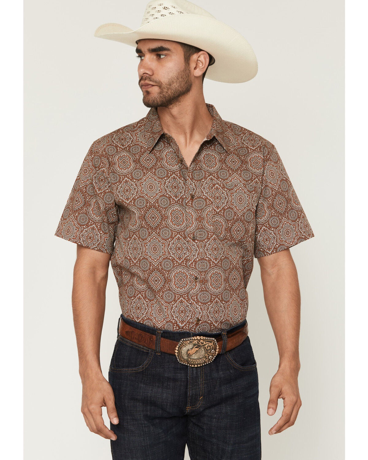 Image #1 - Gibson Trading Co Men's Sundown Drapes Medallion Print Short Sleeve Button-Down Western Shirt - Tall, Rust Copper, hi-res