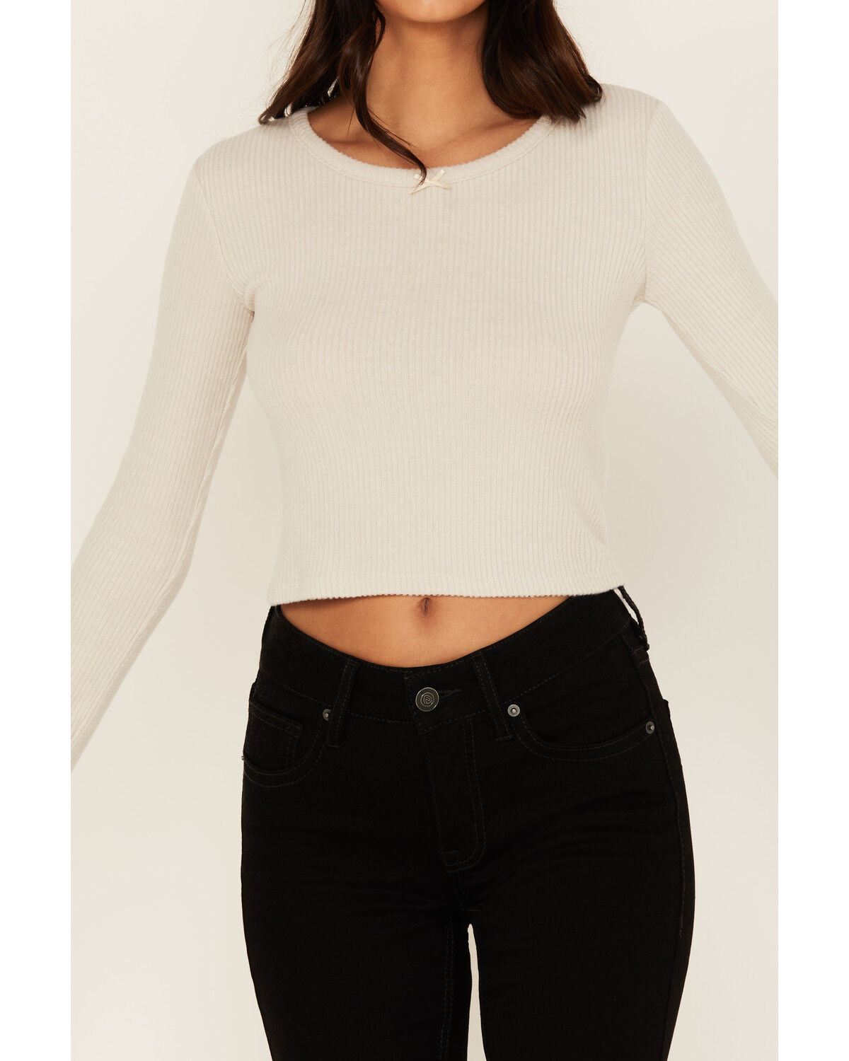 Image #3 - Originality Women's Solid Rib Knit Long Sleeve Cropped Shirt, Cream, hi-res