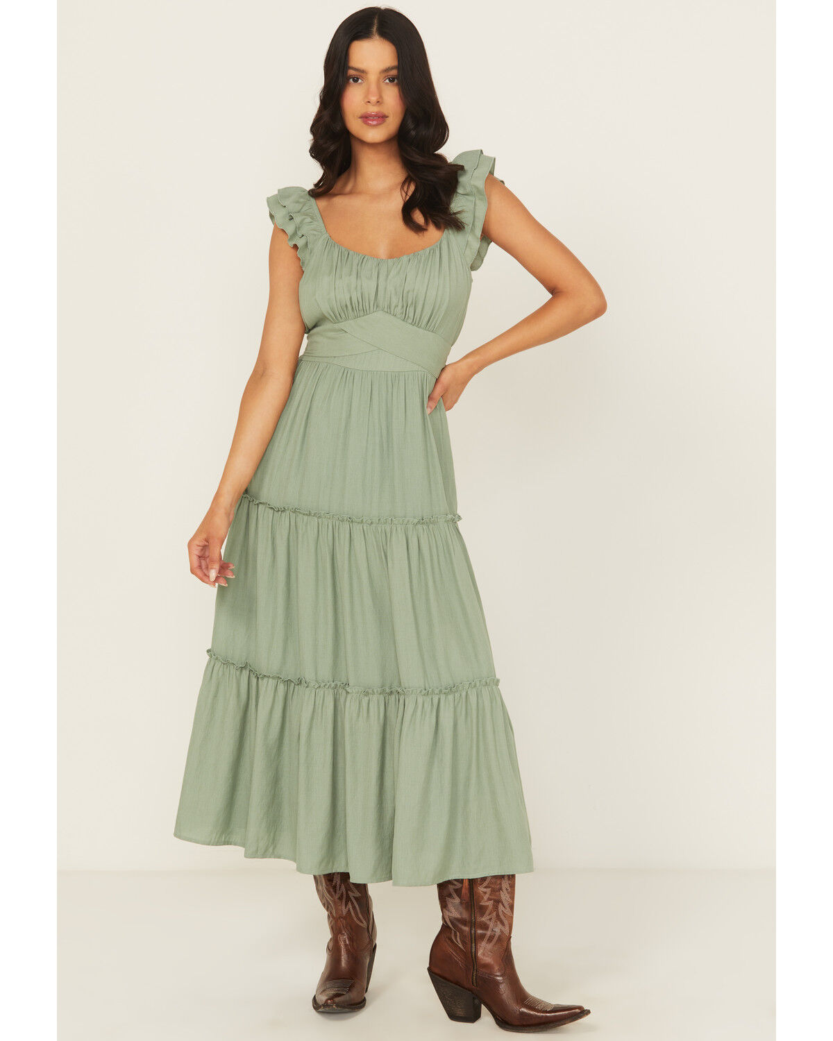 Image #1 - Ash & Violet Women's Flutter Sleeve Midi Dress, Sage, hi-res