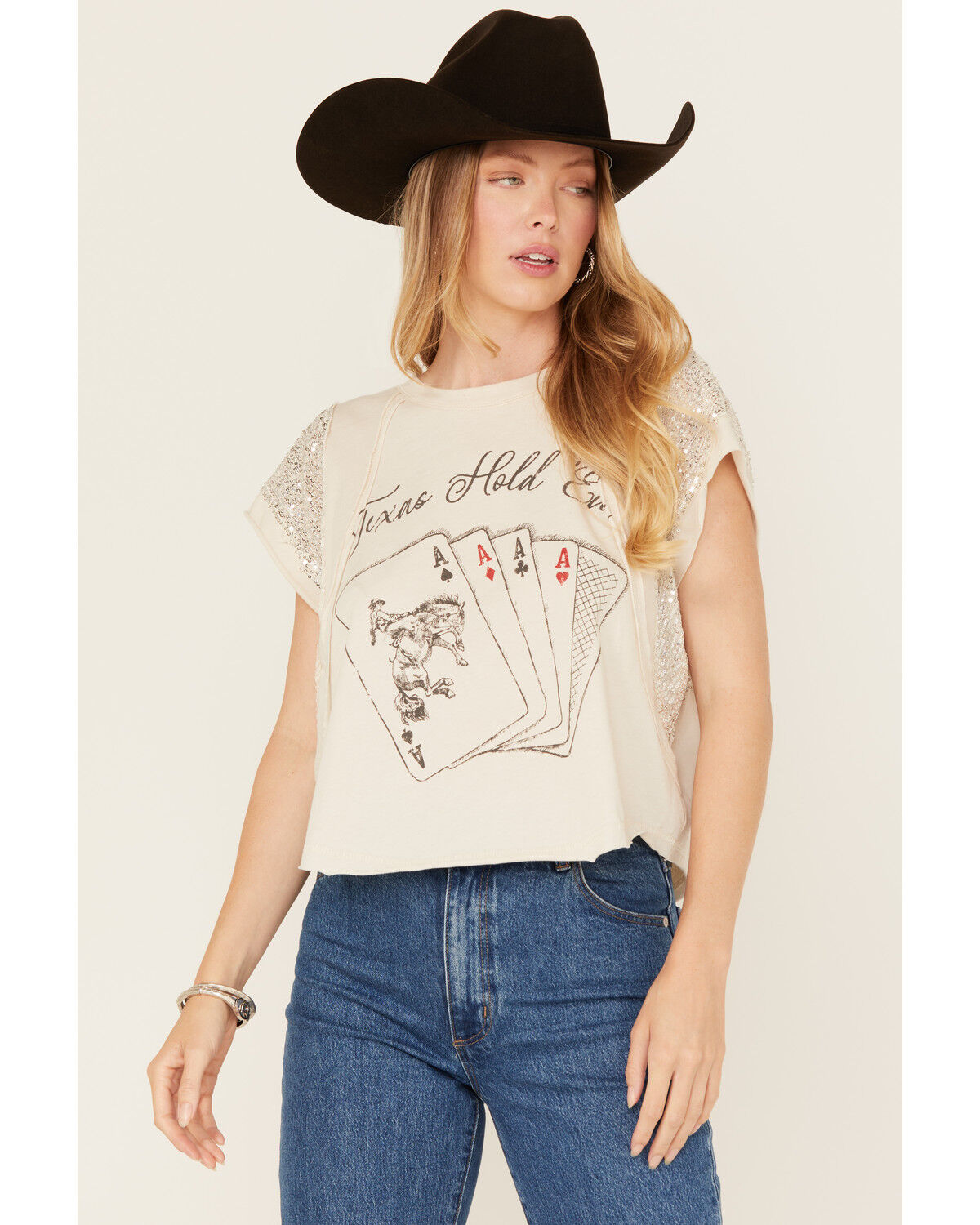 Image #1 - Originality Women's Texas Hold Em' Sequin Short Sleeve Graphic Tee, White, hi-res