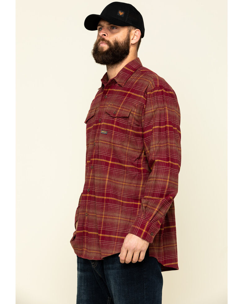 Ariat Men's Cabernet Rebar Flannel Durastretch Plaid Long Sleeve Work Shirt - Tall , Wine, hi-res