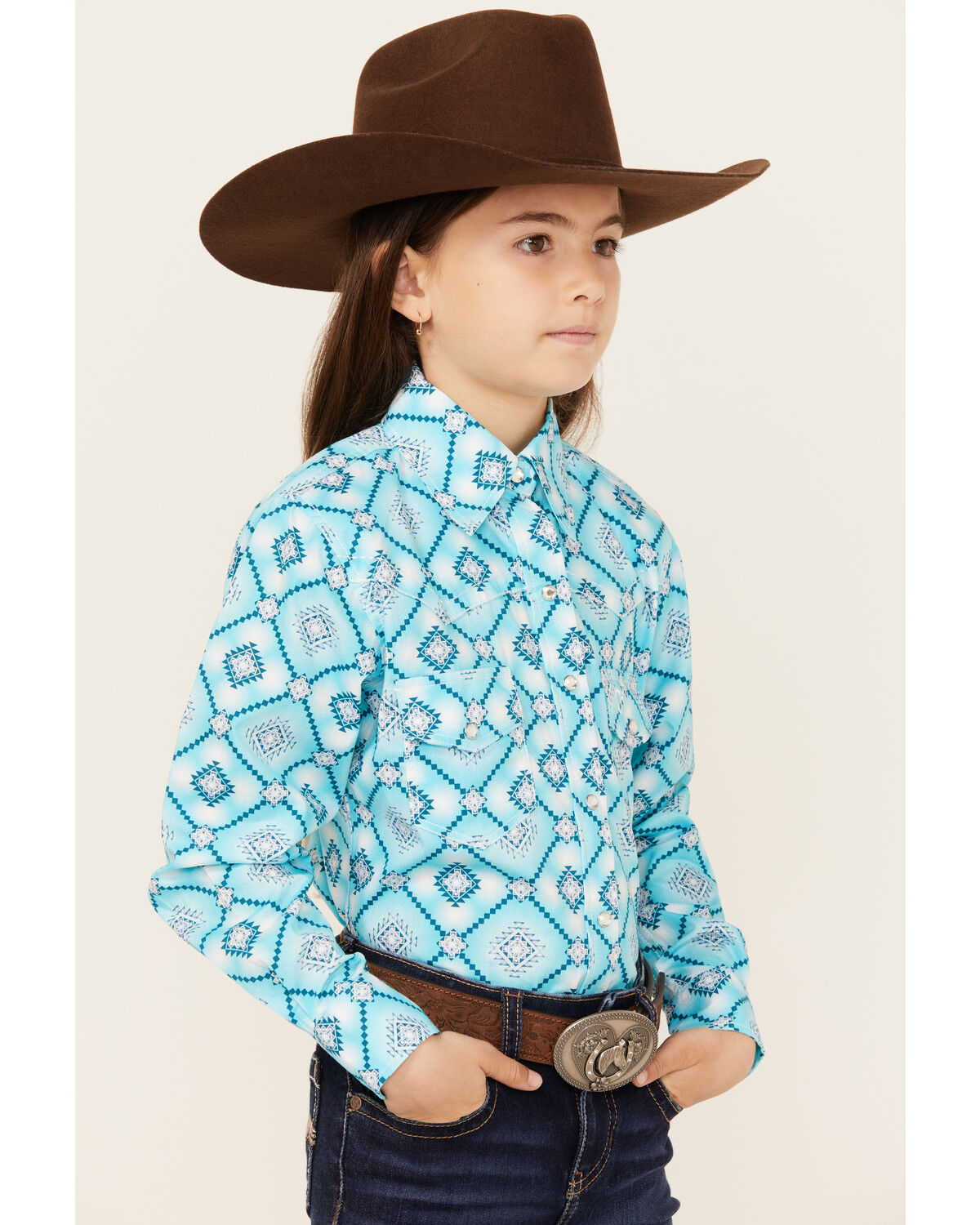Image #2 - Cowgirl Hardware Girls' Diamond Print Long Sleeve Snap Western Shirt, , hi-res
