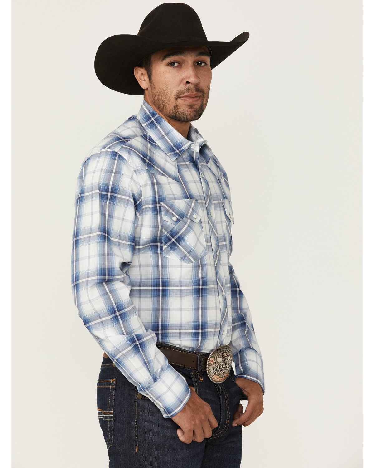 Image #2 - Wrangler Retro Men's Plaid Print Long Sleeve Snap Western Shirt - Tall, Blue, hi-res