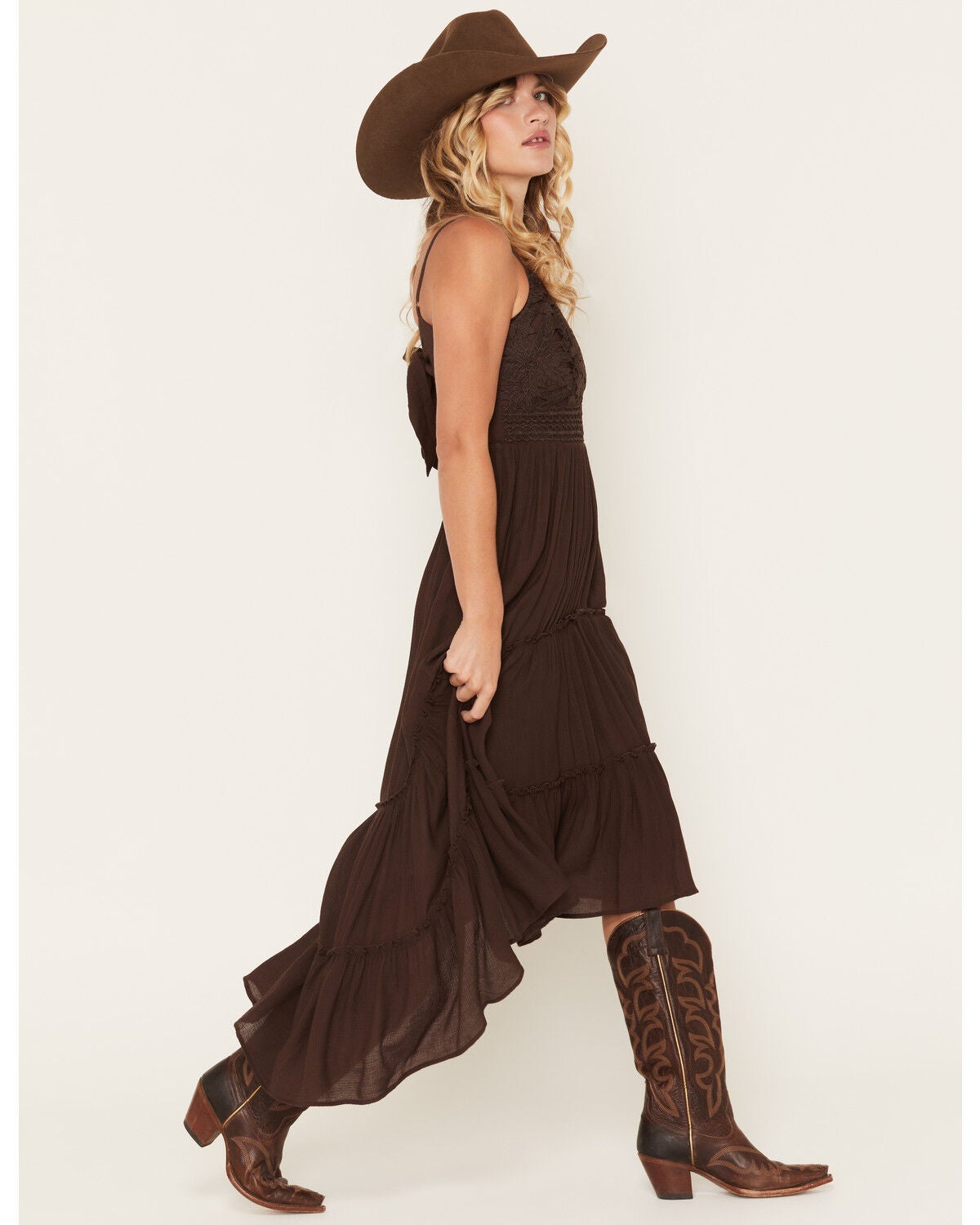 Image #2 - Shyanne Women's Aerie Crochet Front High-Low Midi Dress, Cognac, hi-res