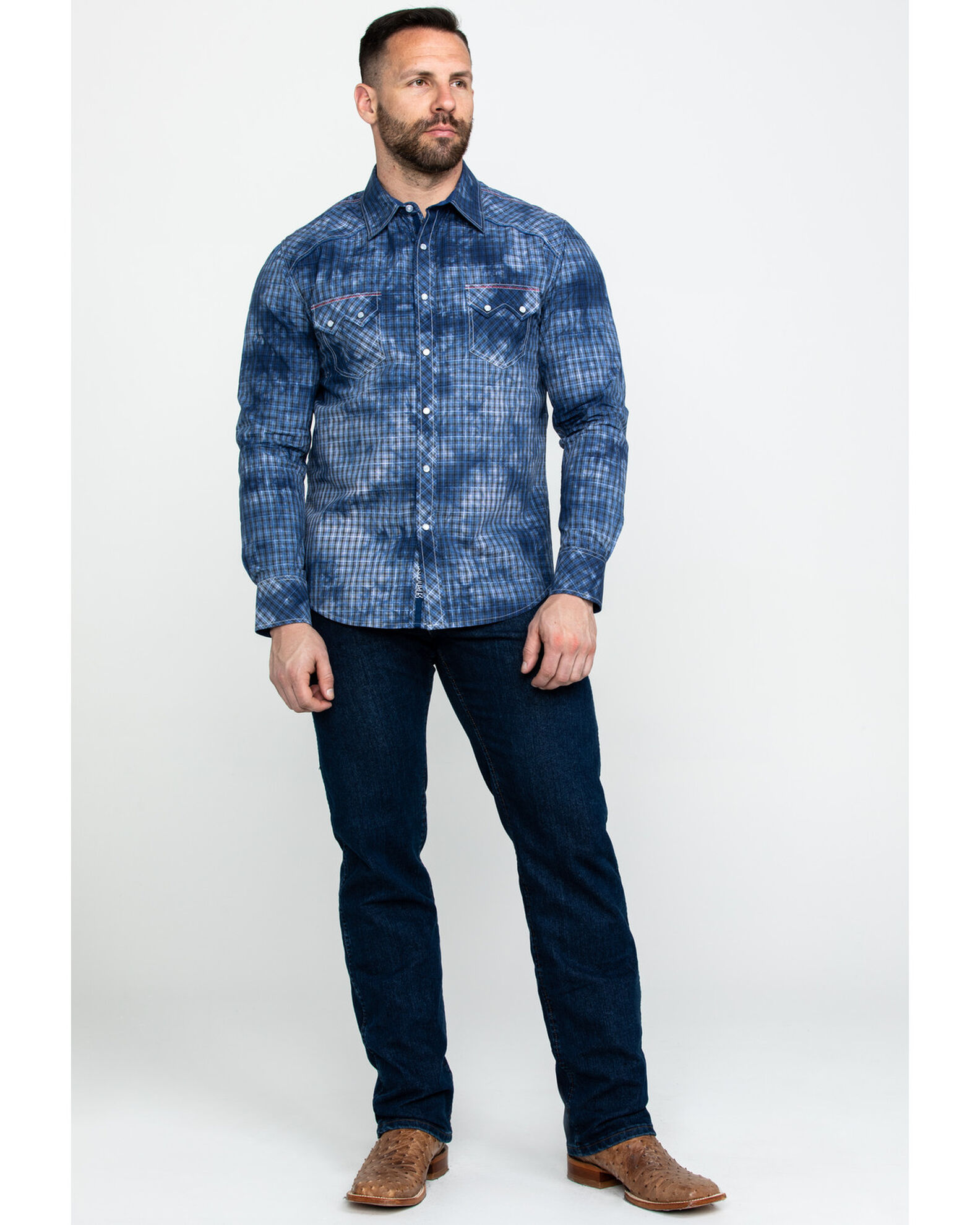 Image #6 - Rock & Roll Denim Men's Spray Washed Satin Plaid Long Sleeve Western Shirt, Blue, hi-res