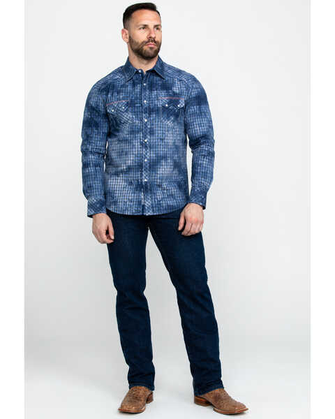 Rock & Roll Denim Men's Spray Washed Satin Plaid Long Sleeve Western Shirt , Blue, hi-res