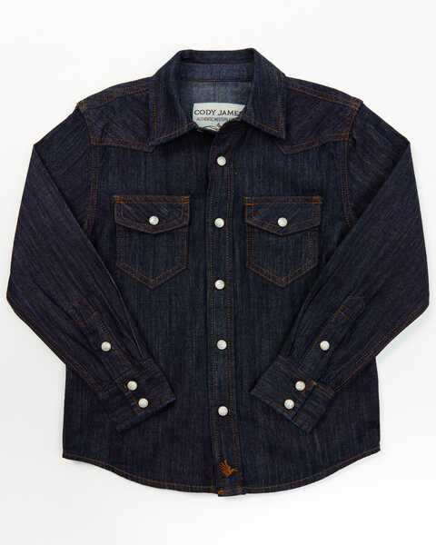 Image #1 - Cody James Toddler Boys' Foothill Denim Long Sleeve Pearl Snap Western Shirt, Dark Wash, hi-res