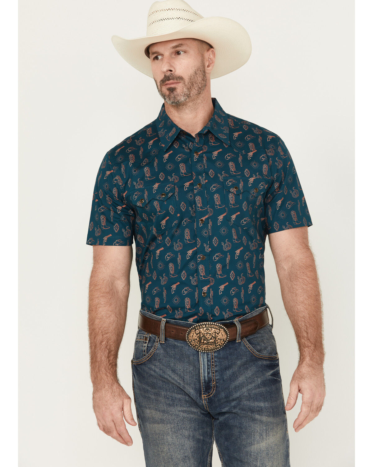Image #1 - Rock & Roll Denim Men's Cowboy Print Short Sleeve Snap Stretch Western Shirt, Teal, hi-res
